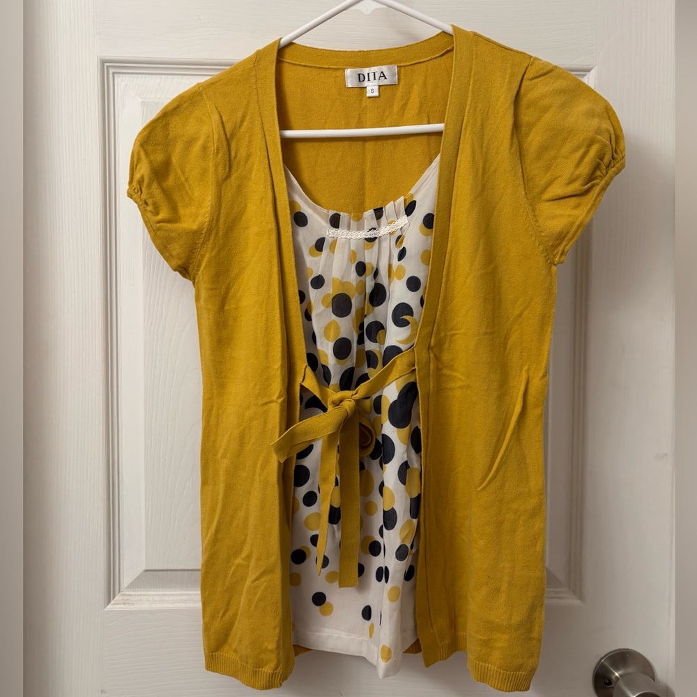 Y2K DITA Yellow Tie Blouse with Polka Dot gauze Detail Women’s size Small
